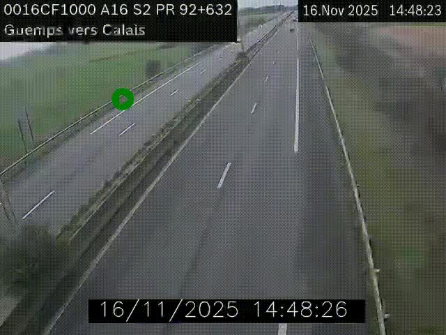 Webcam A16 juste après l'aire de repos d'Offekerque à Guemps. Vue orientée vers Calais