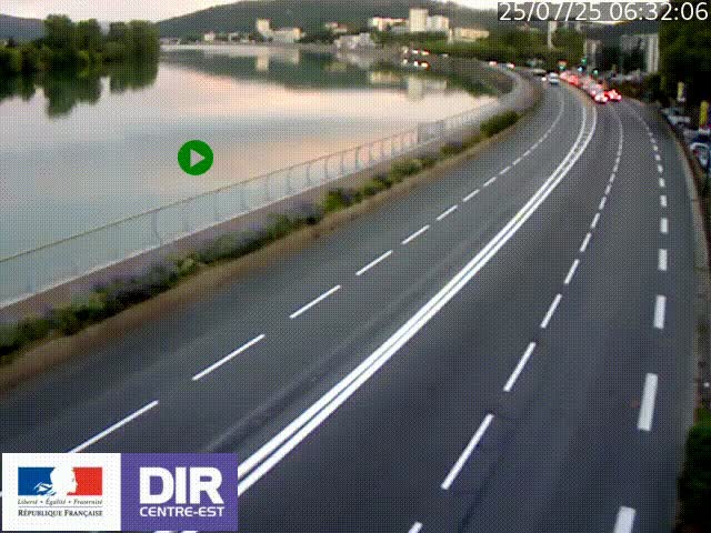 Webcam sur le quai Parjot à Vienne, aux Portes de Lyon, sur la Nationale 7, à la jonction avec le boulevard du Rhône-nord (D1407), caméra orientée vers Lyon