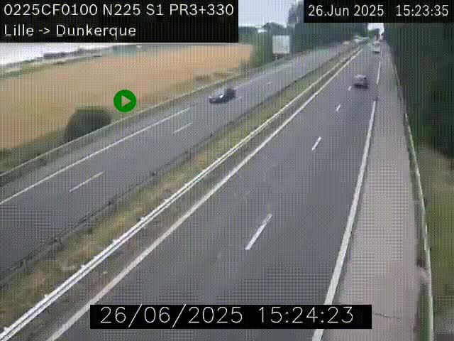 Webcam autoroute A25 (N225) à hauteur de Bergues (Bierne). Vue orientée vers Dunkerque.