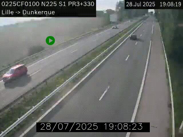 Webcam autoroute A25 (N225) à hauteur de Bergues (Bierne). Vue orientée vers Dunkerque.