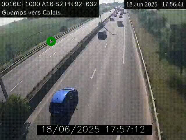 Webcam A16 juste après l'aire de repos d'Offekerque à Guemps. Vue orientée vers Calais
