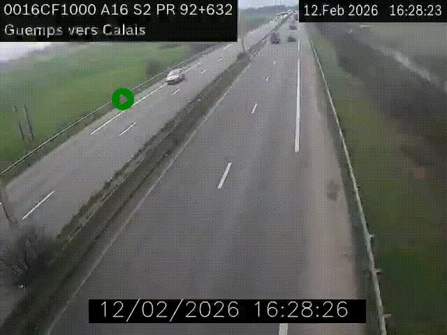 Webcam A16 juste après l'aire de repos d'Offekerque à Guemps. Vue orientée vers Calais