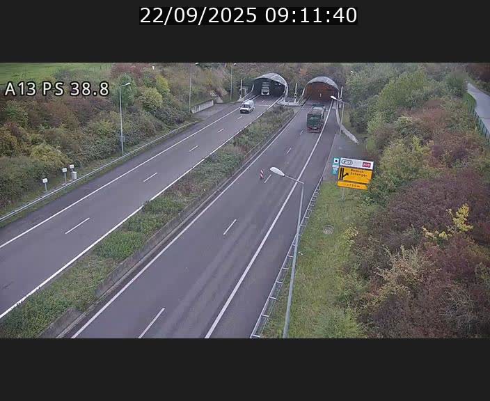 Webcam autoroute A13 à l'entrée ouest du tunnel Markusbierg à Schengen. Vue orientée vers Mondorf-les-Bains