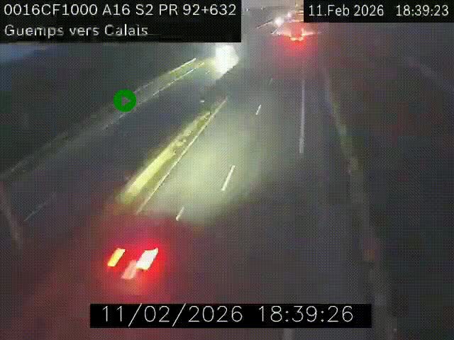 Webcam A16 juste après l'aire de repos d'Offekerque à Guemps. Vue orientée vers Calais