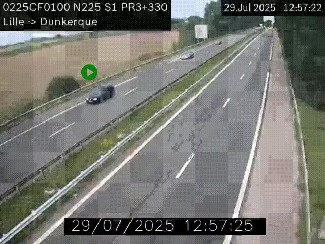 Webcam autoroute A25 (N225) à hauteur de Bergues (Bierne). Vue orientée vers Dunkerque.