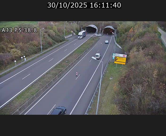 Webcam autoroute A13 à l'entrée ouest du tunnel Markusbierg à Schengen. Vue orientée vers Mondorf-les-Bains