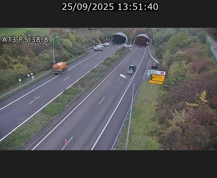 Webcam autoroute A13 à l'entrée ouest du tunnel Markusbierg à Schengen. Vue orientée vers Mondorf-les-Bains