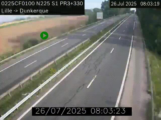 Webcam autoroute A25 (N225) à hauteur de Bergues (Bierne). Vue orientée vers Dunkerque.