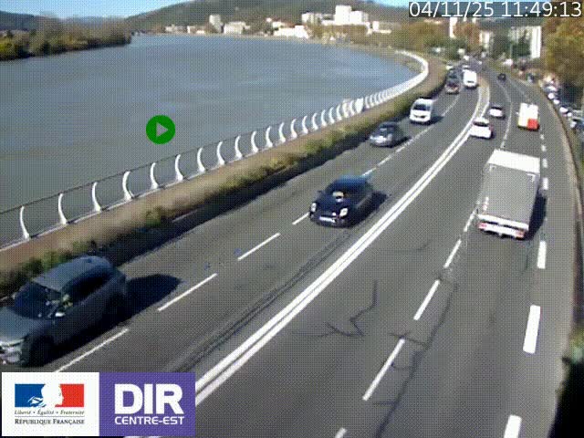 Webcam sur le quai Parjot à Vienne, aux Portes de Lyon, sur la Nationale 7, à la jonction avec le boulevard du Rhône-nord (D1407), caméra orientée vers Lyon