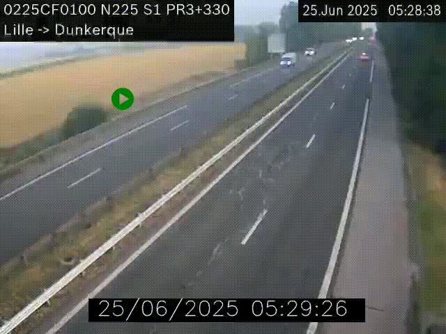 Webcam autoroute A25 (N225) à hauteur de Bergues (Bierne). Vue orientée vers Dunkerque.