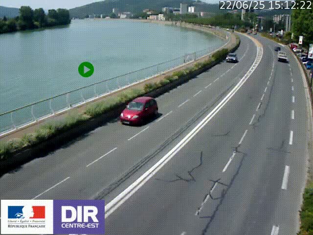 Webcam sur le quai Parjot à Vienne, aux Portes de Lyon, sur la Nationale 7, à la jonction avec le boulevard du Rhône-nord (D1407), caméra orientée vers Lyon