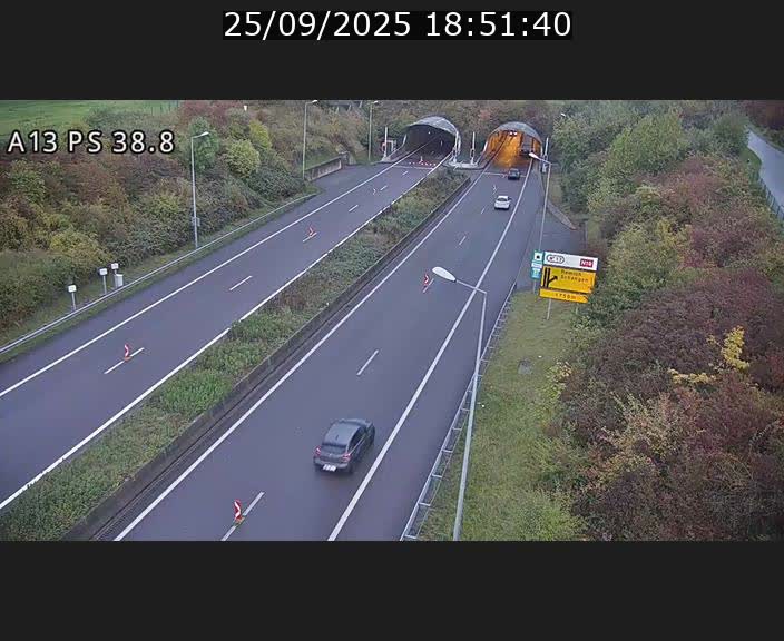 Webcam autoroute A13 à l'entrée ouest du tunnel Markusbierg à Schengen. Vue orientée vers Mondorf-les-Bains