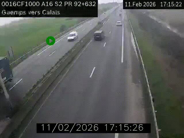 Webcam A16 juste après l'aire de repos d'Offekerque à Guemps. Vue orientée vers Calais