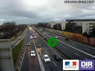 Webcam trafic au bout de l'A42, à la jonction avec le Boulevard Périphérique Nord de Lyon (D383) à Villeurbanne. Vue orientée vers Marseille