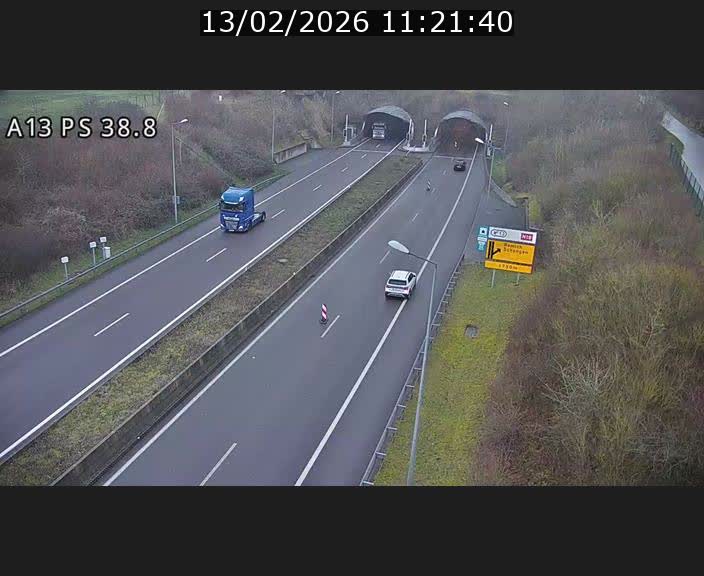 Webcam autoroute A13 à l'entrée ouest du tunnel Markusbierg à Schengen. Vue orientée vers Mondorf-les-Bains