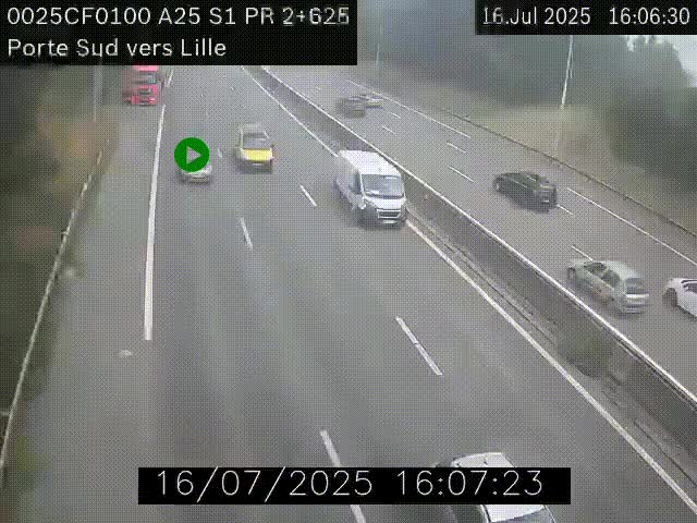 Webcam autoroute A25 sur le périphérique de Lille à hauteur de Lille-Sud et la sortie 3 Faches-Thumesnil. Vue orientée vers Lille-Centre.