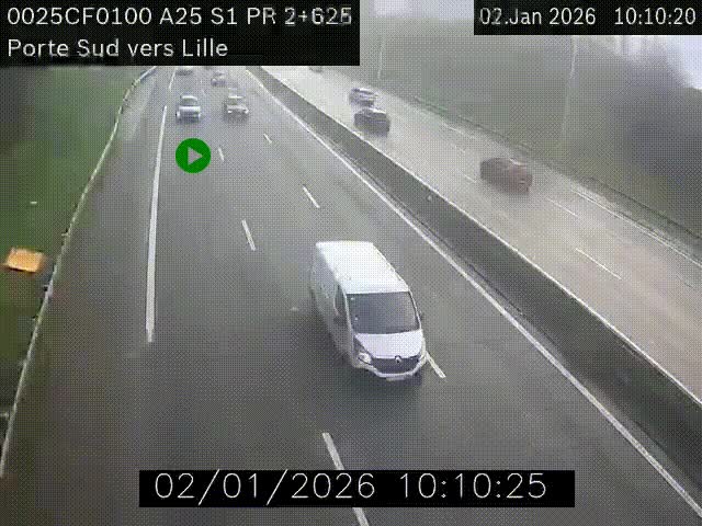Webcam autoroute A25 sur le périphérique de Lille à hauteur de Lille-Sud et la sortie 3 Faches-Thumesnil. Vue orientée vers Lille-Centre.