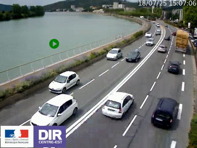 Webcam sur le quai Parjot à Vienne, aux Portes de Lyon, sur la Nationale 7, à la jonction avec le boulevard du Rhône-nord (D1407), caméra orientée vers Lyon