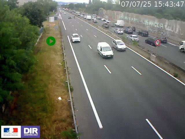 Webcam à Bron sur l'A43 à la jonction avec le boulevard périphérique de Lyon (D383). Vue orientée vers Lyon