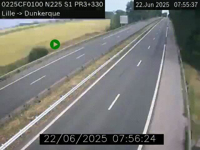 Webcam autoroute A25 (N225) à hauteur de Bergues (Bierne). Vue orientée vers Dunkerque.