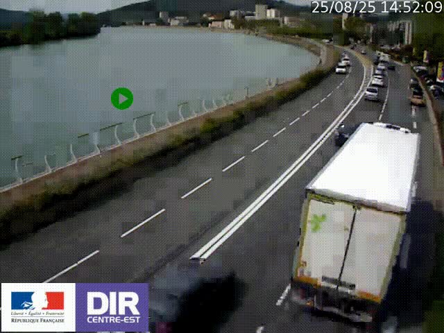 Webcam sur le quai Parjot à Vienne, aux Portes de Lyon, sur la Nationale 7, à la jonction avec le boulevard du Rhône-nord (D1407), caméra orientée vers Lyon