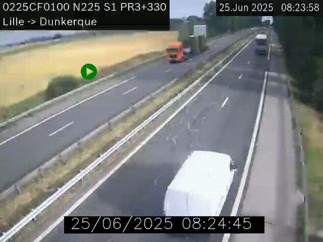 Webcam autoroute A25 (N225) à hauteur de Bergues (Bierne). Vue orientée vers Dunkerque.