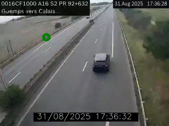 Webcam A16 juste après l'aire de repos d'Offekerque à Guemps. Vue orientée vers Calais