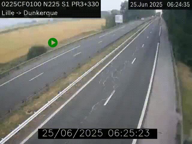 Webcam autoroute A25 (N225) à hauteur de Bergues (Bierne). Vue orientée vers Dunkerque.