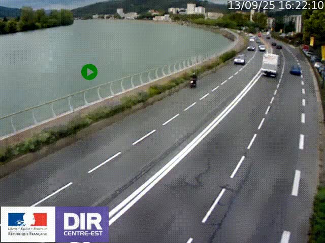 Webcam sur le quai Parjot à Vienne, aux Portes de Lyon, sur la Nationale 7, à la jonction avec le boulevard du Rhône-nord (D1407), caméra orientée vers Lyon