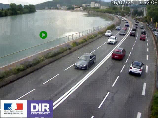 Webcam sur le quai Parjot à Vienne, aux Portes de Lyon, sur la Nationale 7, à la jonction avec le boulevard du Rhône-nord (D1407), caméra orientée vers Lyon