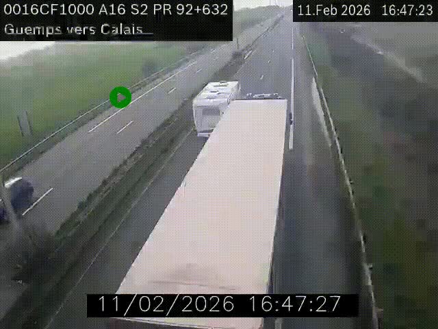 Webcam A16 juste après l'aire de repos d'Offekerque à Guemps. Vue orientée vers Calais