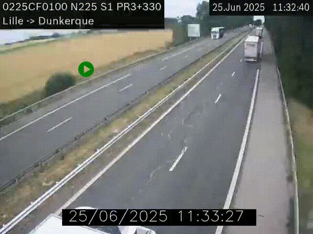 Webcam autoroute A25 (N225) à hauteur de Bergues (Bierne). Vue orientée vers Dunkerque.
