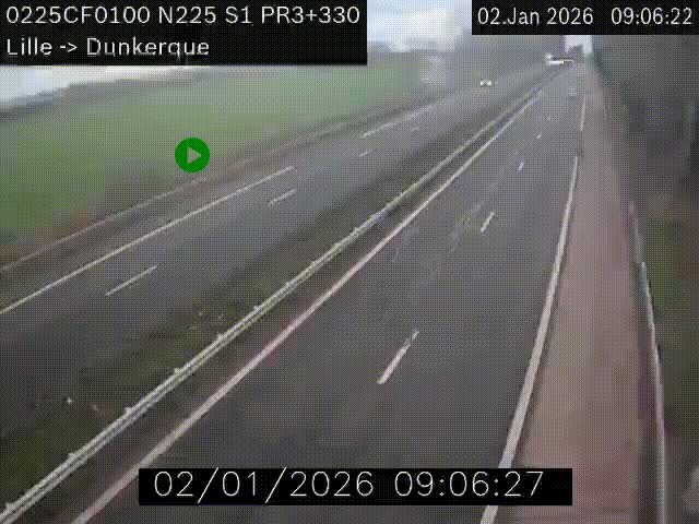 Webcam autoroute A25 (N225) à hauteur de Bergues (Bierne). Vue orientée vers Dunkerque.