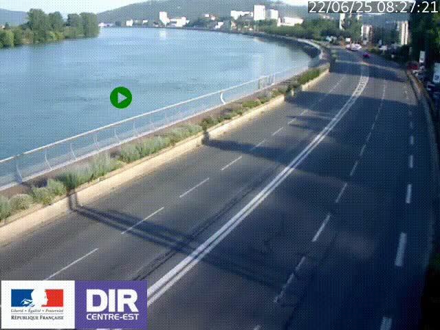 Webcam sur le quai Parjot à Vienne, aux Portes de Lyon, sur la Nationale 7, à la jonction avec le boulevard du Rhône-nord (D1407), caméra orientée vers Lyon