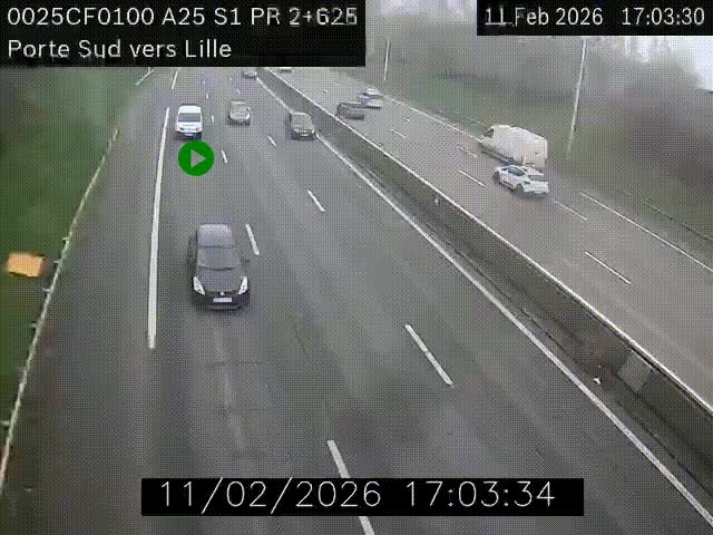 Webcam autoroute A25 sur le périphérique de Lille à hauteur de Lille-Sud et la sortie 3 Faches-Thumesnil. Vue orientée vers Lille-Centre.