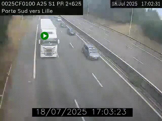 Webcam autoroute A25 sur le périphérique de Lille à hauteur de Lille-Sud et la sortie 3 Faches-Thumesnil. Vue orientée vers Lille-Centre.