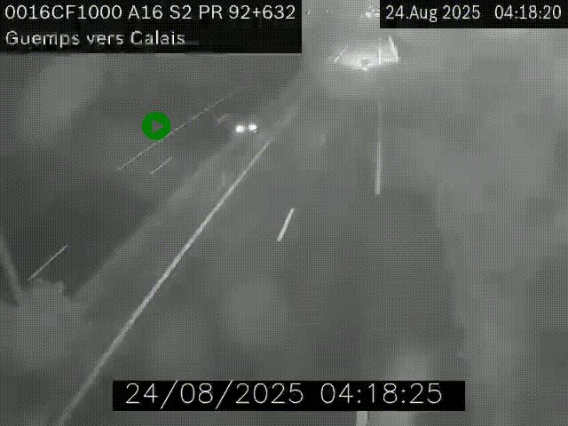 Webcam A16 juste après l'aire de repos d'Offekerque à Guemps. Vue orientée vers Calais