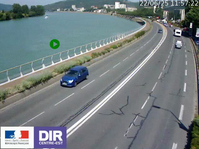 Webcam sur le quai Parjot à Vienne, aux Portes de Lyon, sur la Nationale 7, à la jonction avec le boulevard du Rhône-nord (D1407), caméra orientée vers Lyon