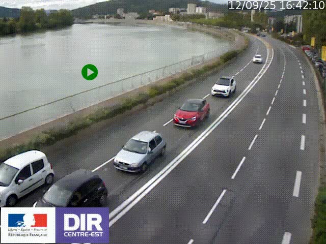 Webcam sur le quai Parjot à Vienne, aux Portes de Lyon, sur la Nationale 7, à la jonction avec le boulevard du Rhône-nord (D1407), caméra orientée vers Lyon