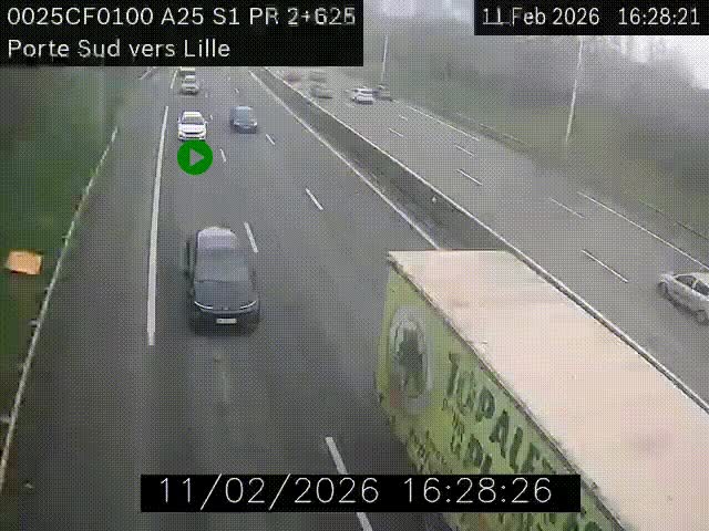 Webcam autoroute A25 sur le périphérique de Lille à hauteur de Lille-Sud et la sortie 3 Faches-Thumesnil. Vue orientée vers Lille-Centre.