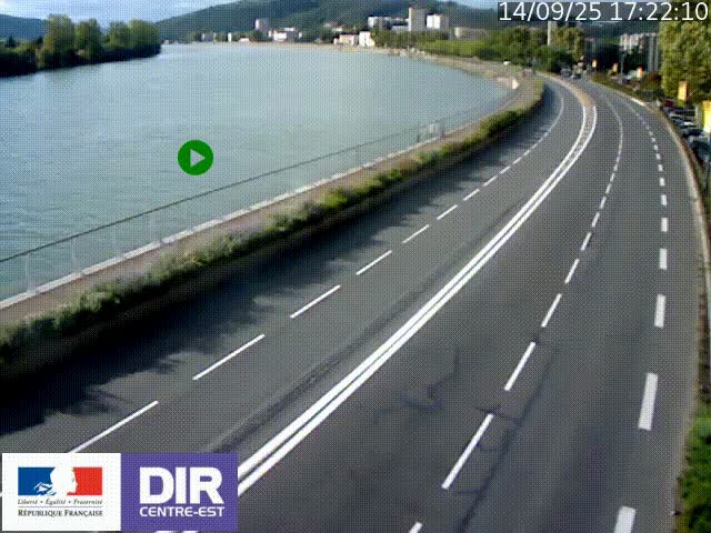 Webcam sur le quai Parjot à Vienne, aux Portes de Lyon, sur la Nationale 7, à la jonction avec le boulevard du Rhône-nord (D1407), caméra orientée vers Lyon