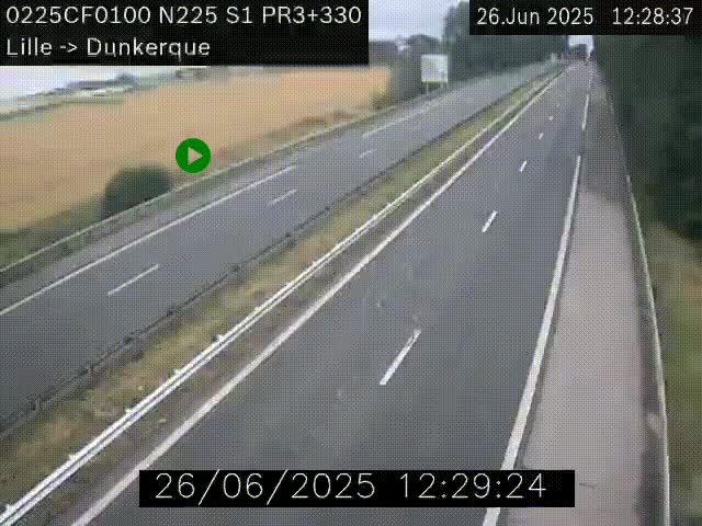 Webcam autoroute A25 (N225) à hauteur de Bergues (Bierne). Vue orientée vers Dunkerque.