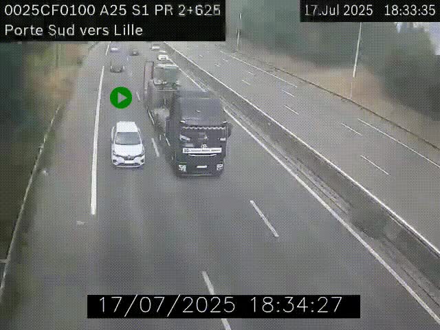 Webcam autoroute A25 sur le périphérique de Lille à hauteur de Lille-Sud et la sortie 3 Faches-Thumesnil. Vue orientée vers Lille-Centre.
