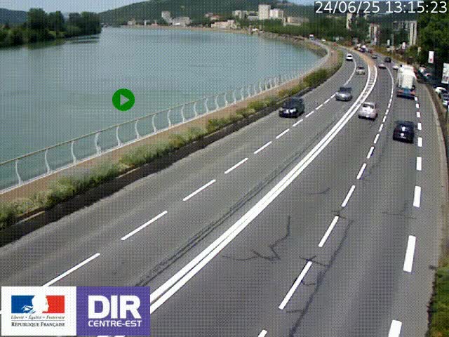 Webcam sur le quai Parjot à Vienne, aux Portes de Lyon, sur la Nationale 7, à la jonction avec le boulevard du Rhône-nord (D1407), caméra orientée vers Lyon
