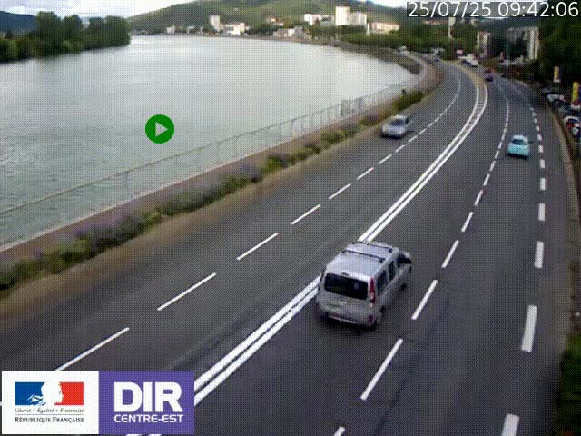 Webcam sur le quai Parjot à Vienne, aux Portes de Lyon, sur la Nationale 7, à la jonction avec le boulevard du Rhône-nord (D1407), caméra orientée vers Lyon