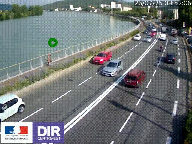 Webcam sur le quai Parjot à Vienne, aux Portes de Lyon, sur la Nationale 7, à la jonction avec le boulevard du Rhône-nord (D1407), caméra orientée vers Lyon