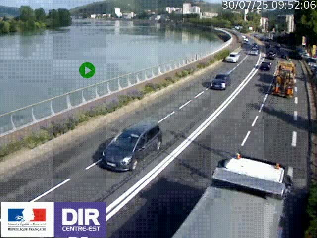 Webcam sur le quai Parjot à Vienne, aux Portes de Lyon, sur la Nationale 7, à la jonction avec le boulevard du Rhône-nord (D1407), caméra orientée vers Lyon