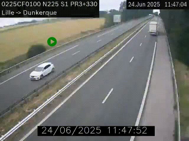 Webcam autoroute A25 (N225) à hauteur de Bergues (Bierne). Vue orientée vers Dunkerque.
