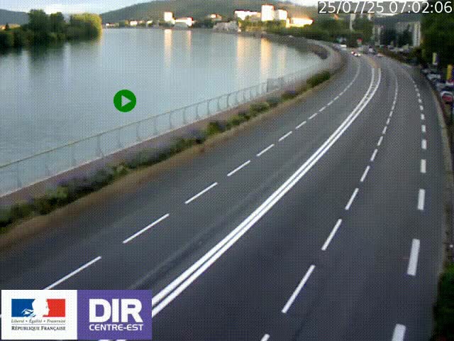 Webcam sur le quai Parjot à Vienne, aux Portes de Lyon, sur la Nationale 7, à la jonction avec le boulevard du Rhône-nord (D1407), caméra orientée vers Lyon