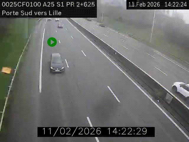 Webcam autoroute A25 sur le périphérique de Lille à hauteur de Lille-Sud et la sortie 3 Faches-Thumesnil. Vue orientée vers Lille-Centre.